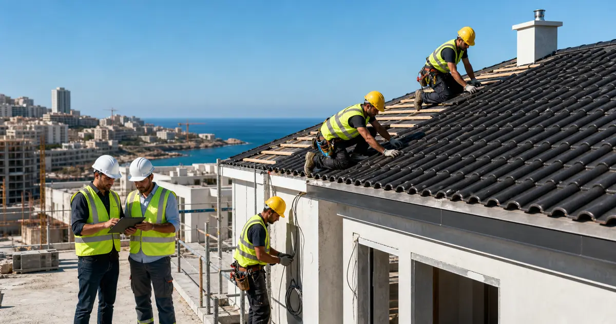 Roof and installation workers on construction project